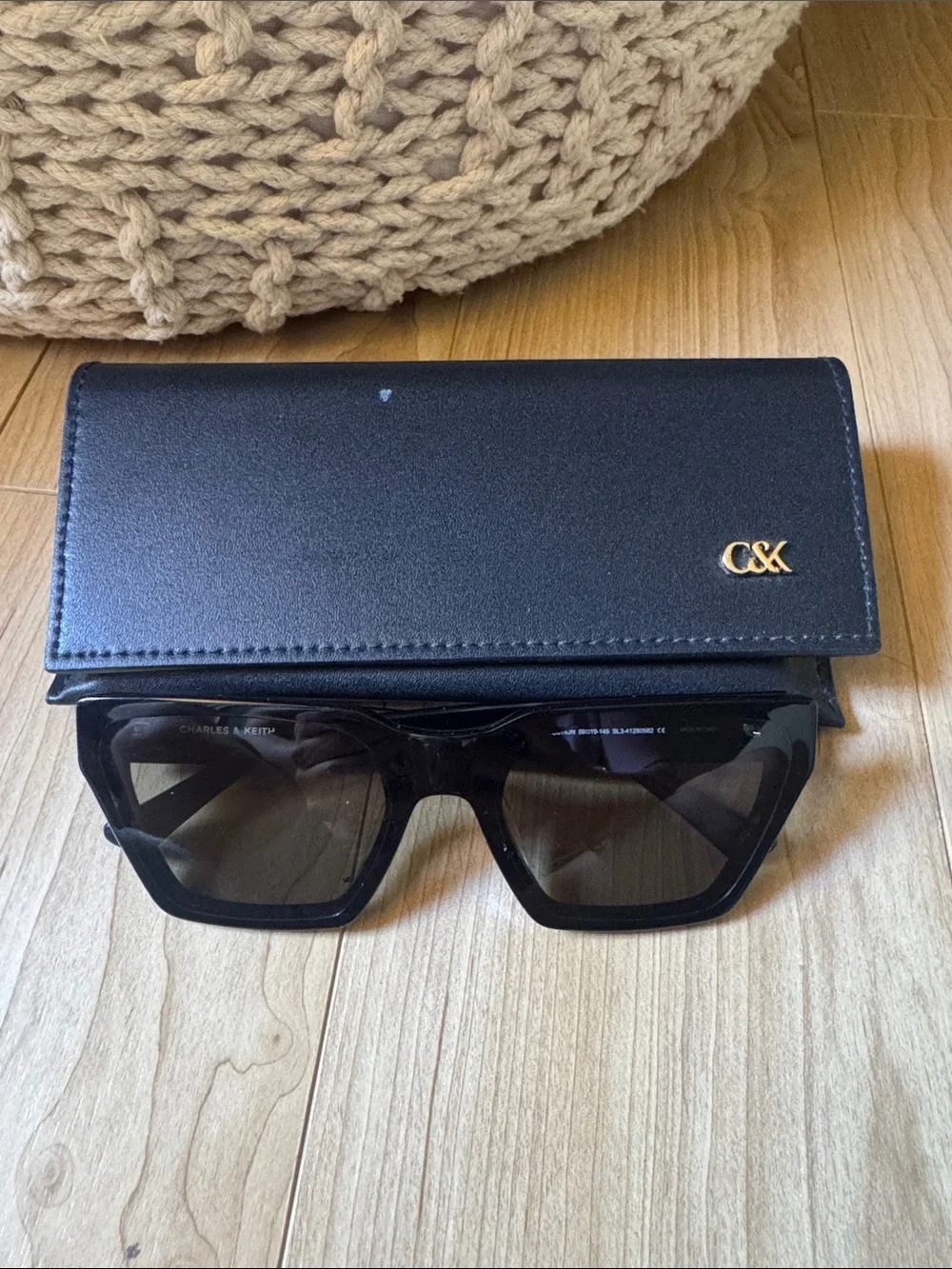 Charles & Keith Black Oversized Geometric Sunglasses with Case